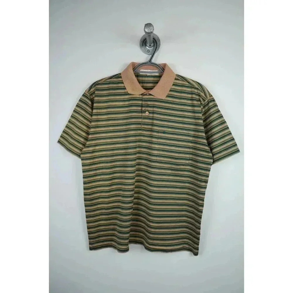Vintage Men's Large Slim Fit Polo Tee Stripes Green Brown Piere Cardin #563